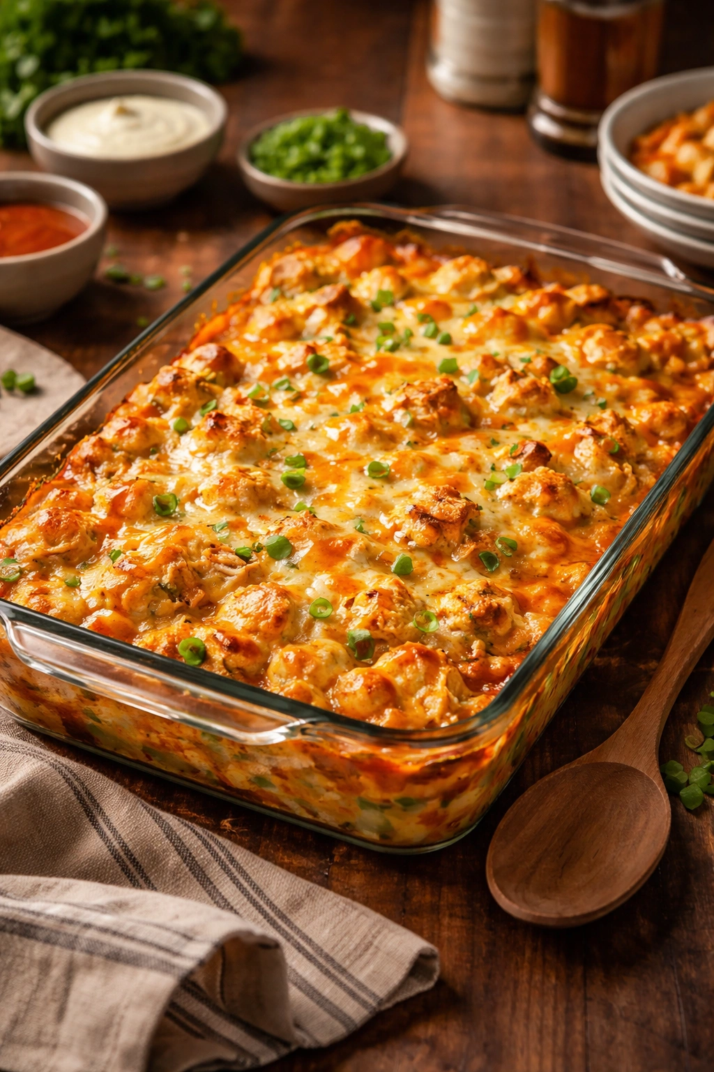 Buffalo chicken casserole bubbling in baking dish with melted cheese