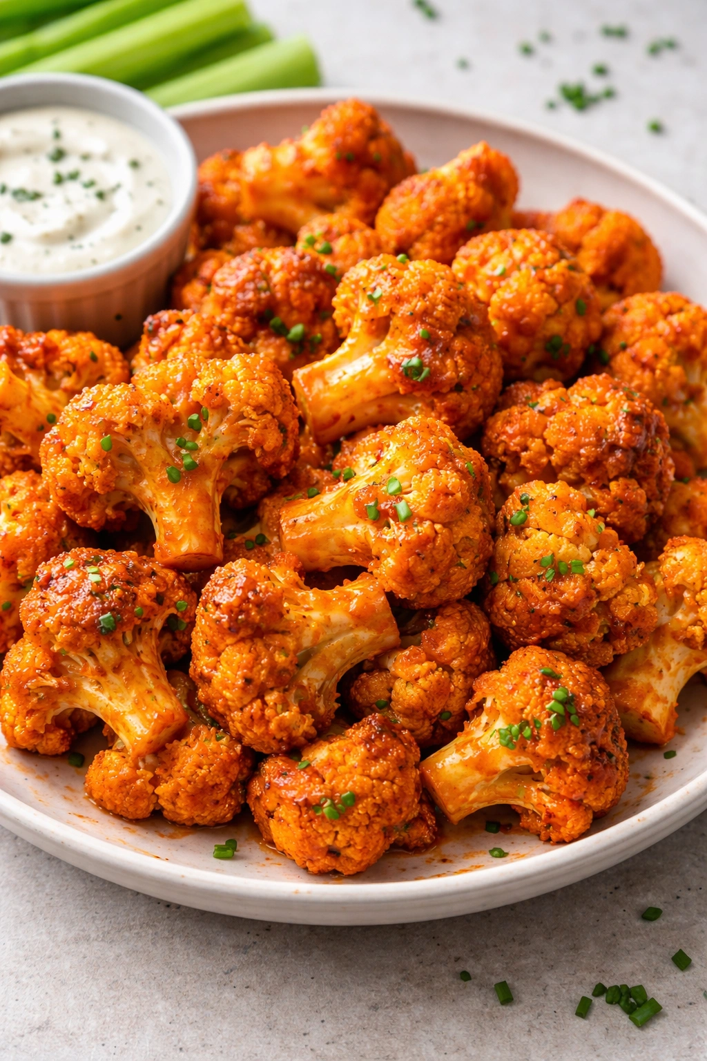 Crispy buffalo cauliflower bites on a neutral plate