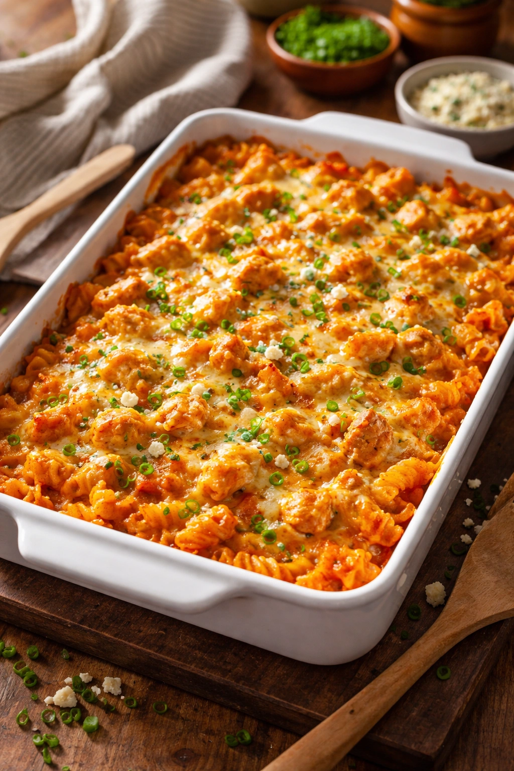 Creamy buffalo chicken casserole in a 9x13 dish bubbling and ready to serve