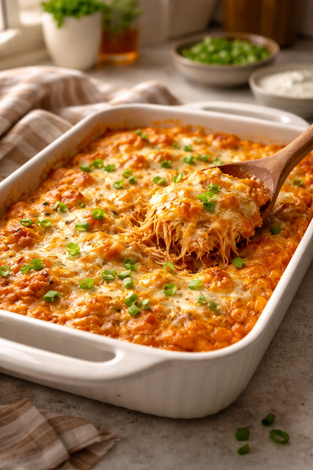 Buffalo chicken casserole in a baking dish on a warm kitchen counter