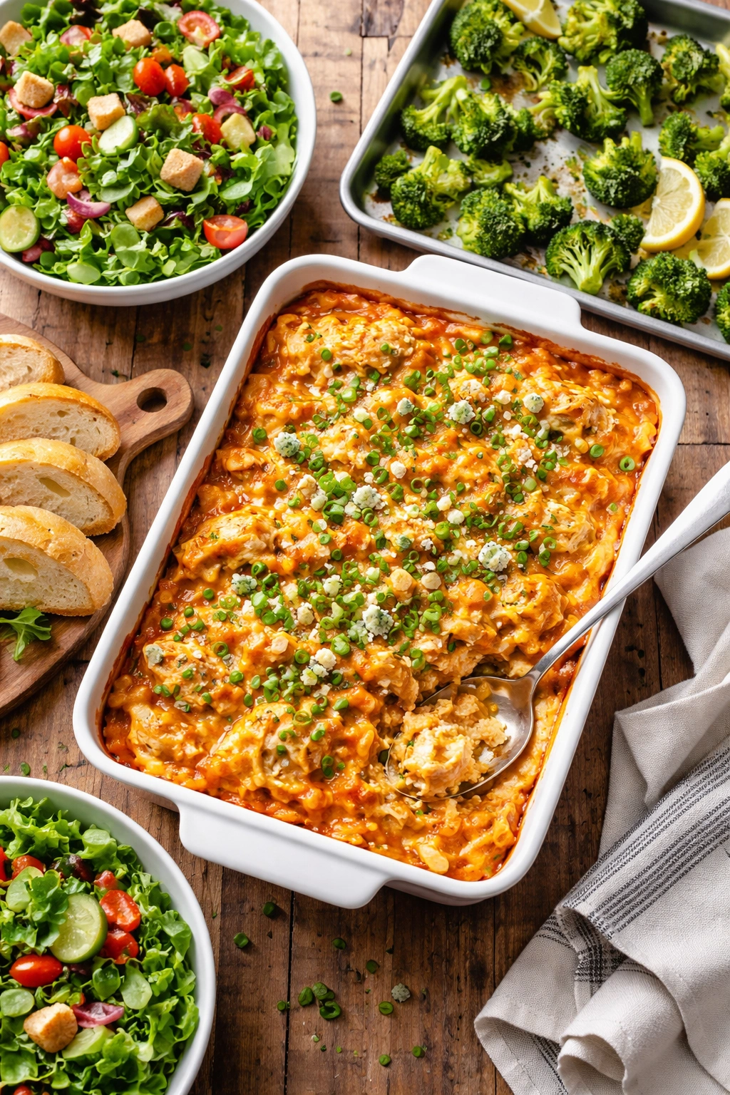 Buffalo chicken casserole with salad, roasted broccoli, and crusty bread arranged on a wooden table