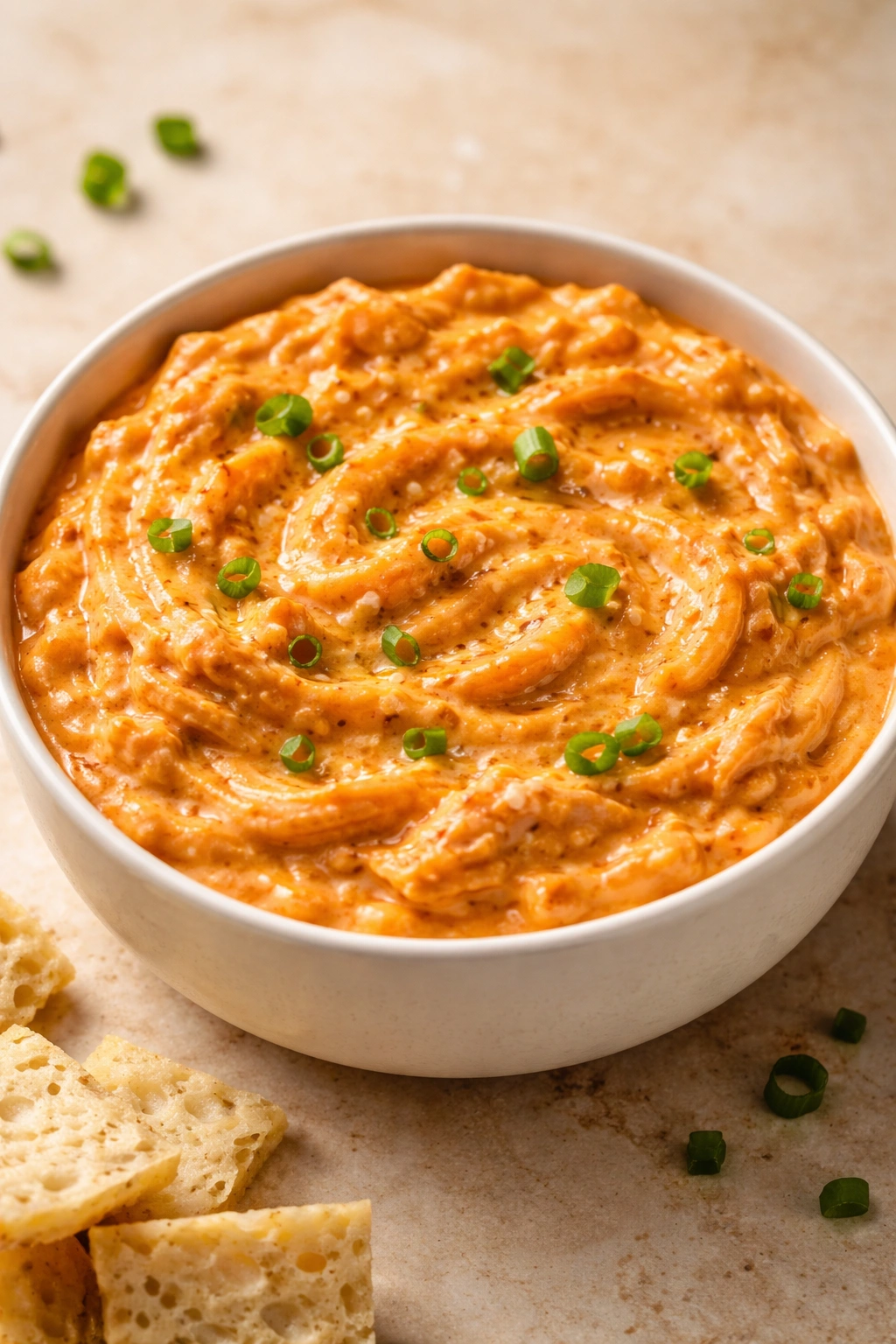 Buffalo chicken dip in a white bowl with creamy texture