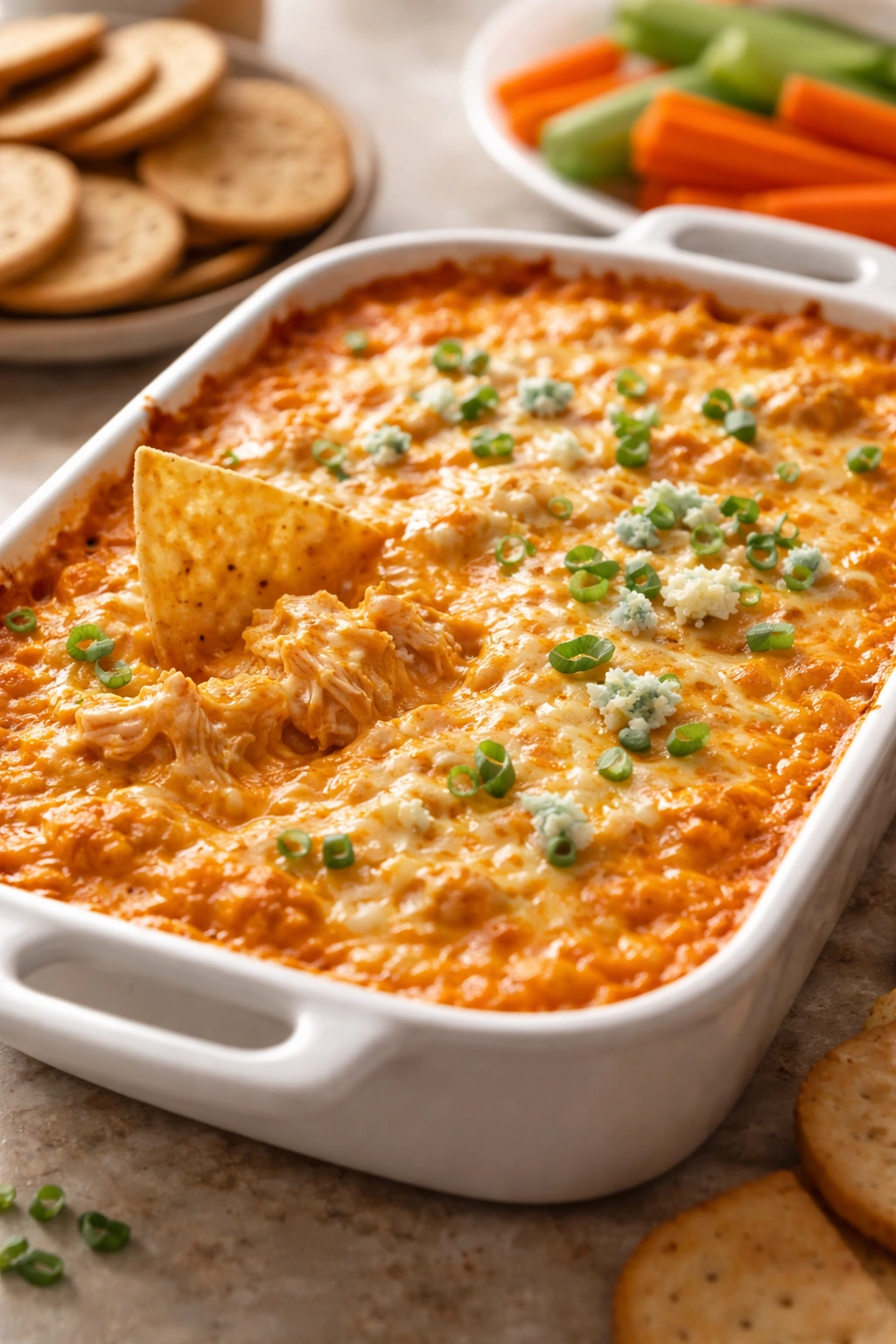 Warm buffalo chicken dip with melted cheese in a baking dish