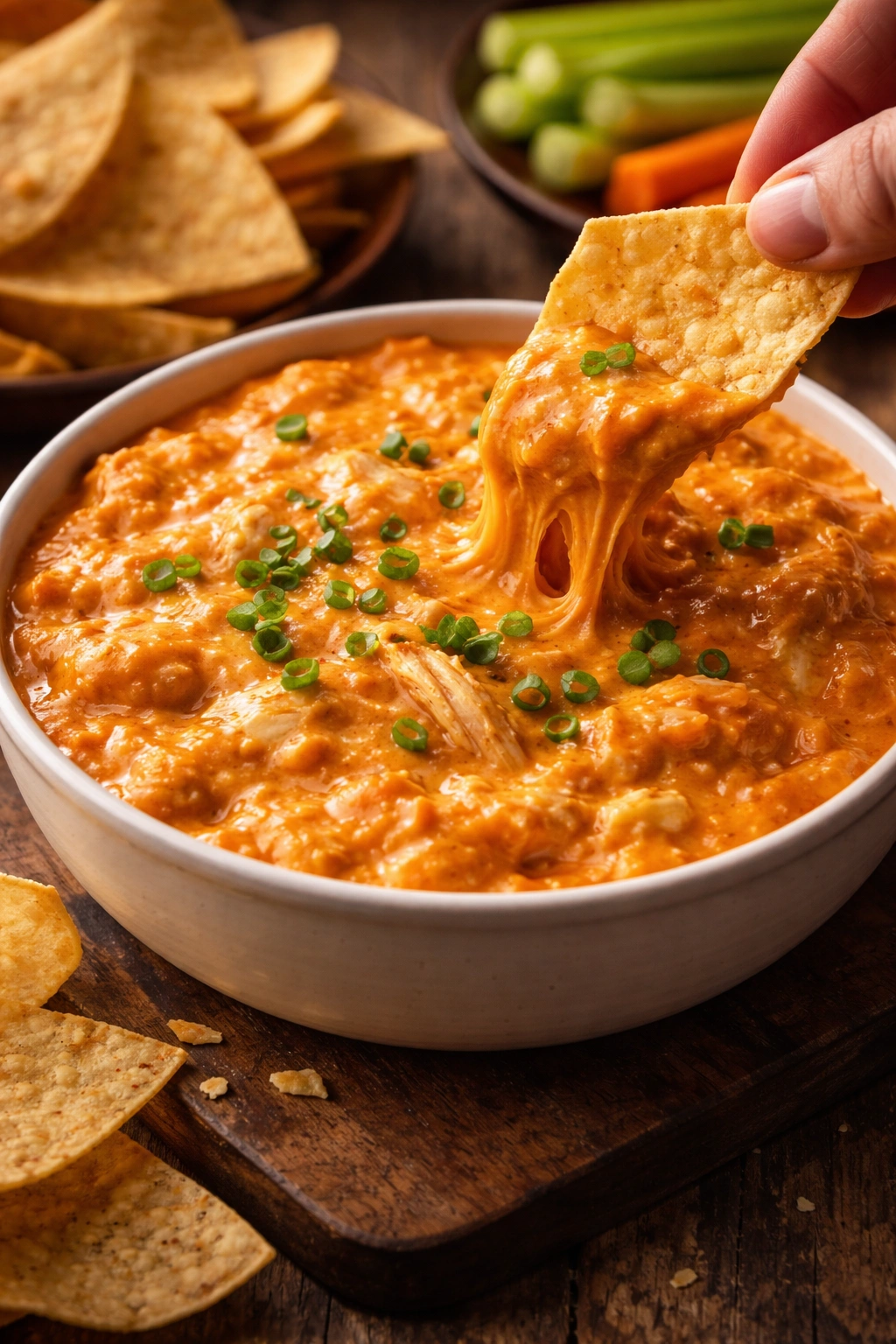 Spicy buffalo chicken dip in a small bowl.