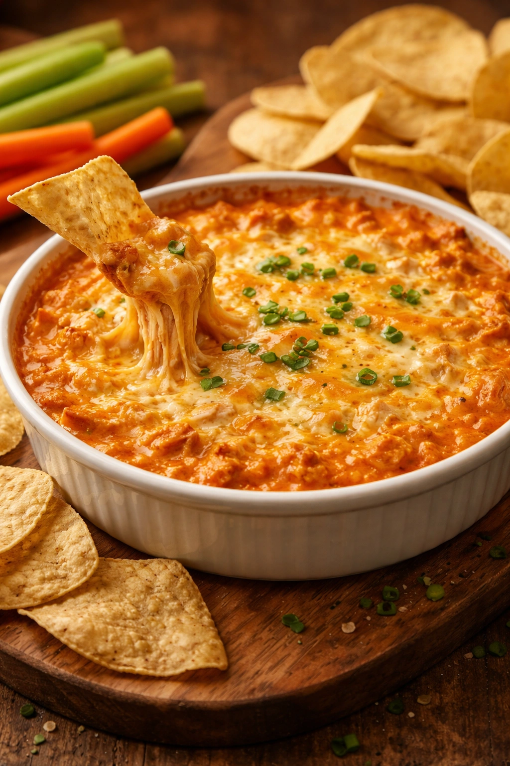 Creamy buffalo chicken dip in a ramekin on a wooden board