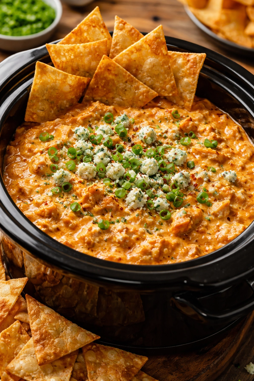 Buffalo chicken dip in crock pot with blue cheese and wonton chips