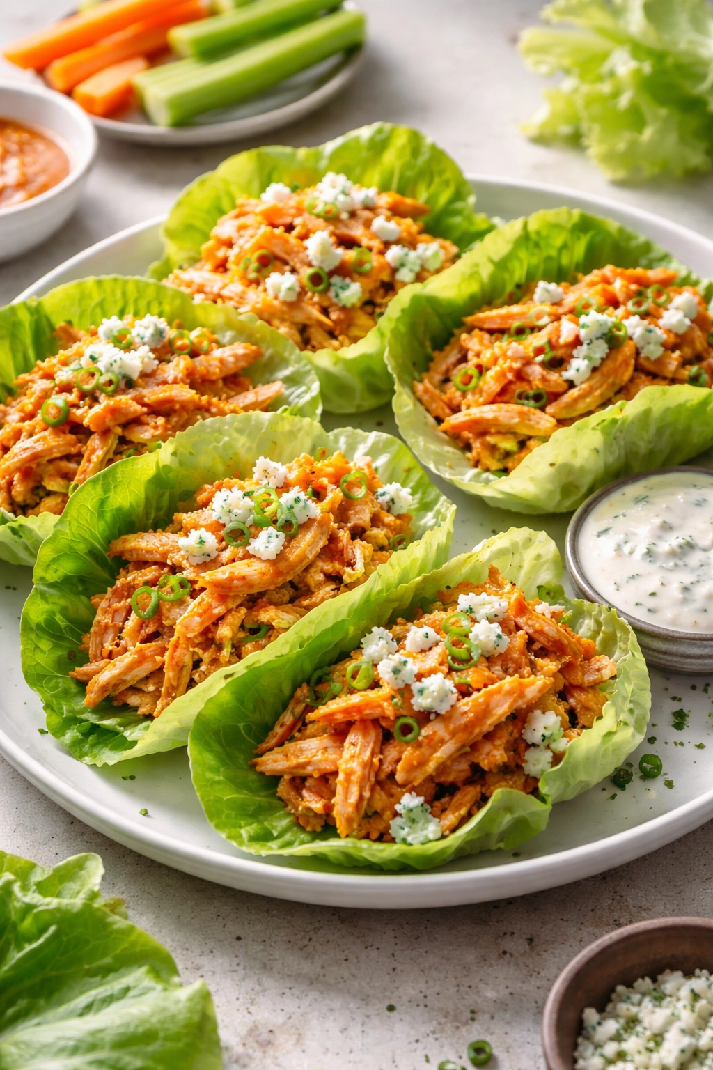 Shredded buffalo chicken in lettuce cups