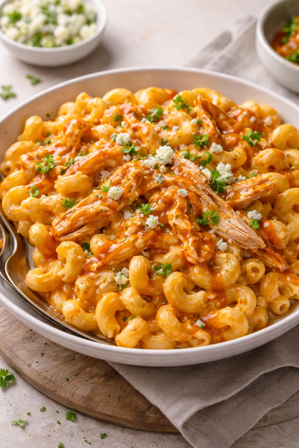 Buffalo chicken mac and cheese in a bowl with buffalo sauce