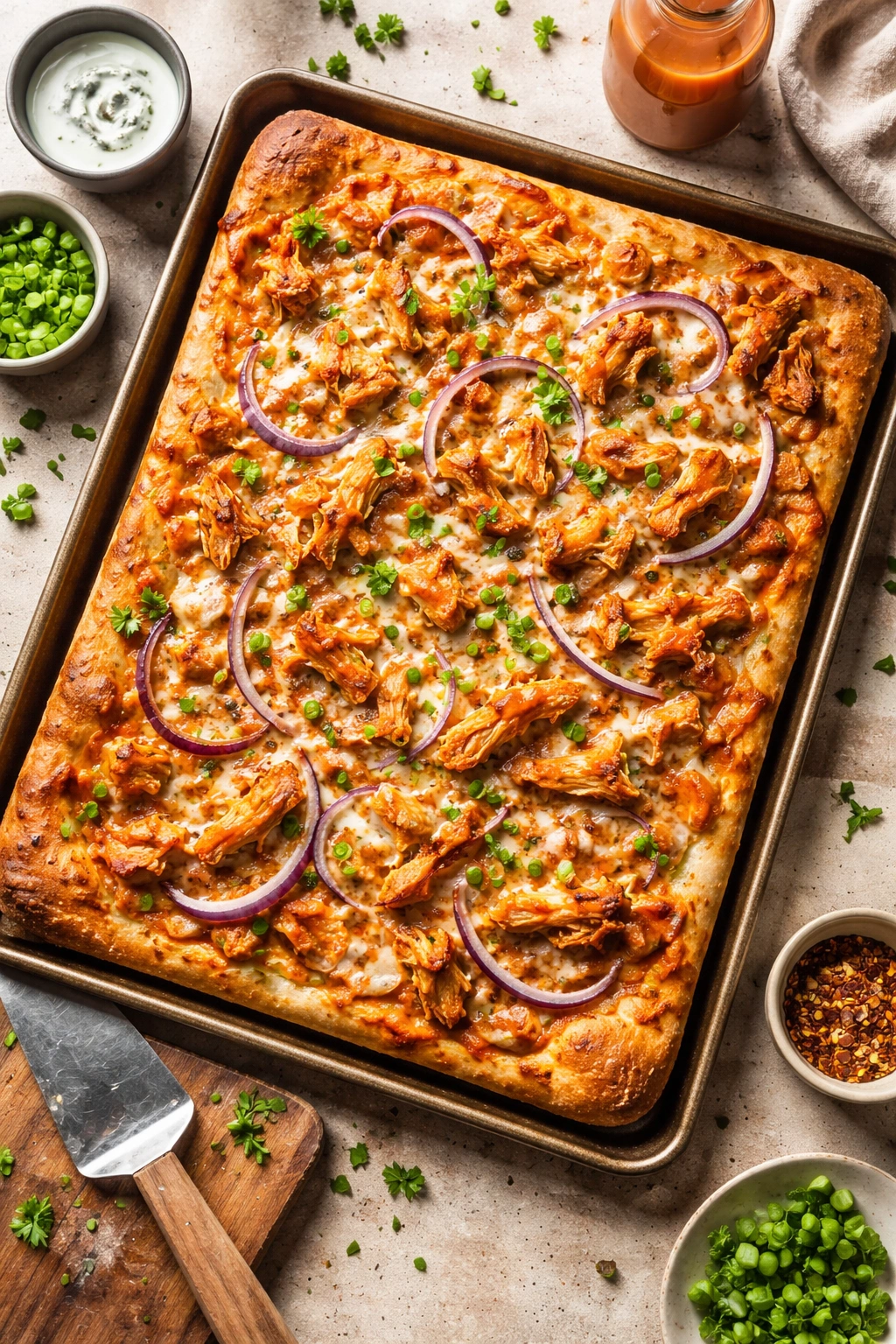 Buffalo chicken pizza on a sheet pan with mozzarella and red onion