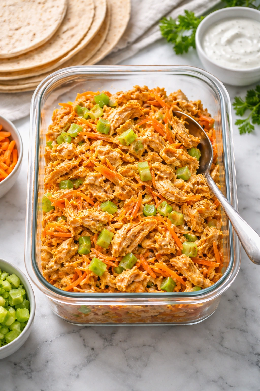Buffalo chicken salad in a prep container with celery and carrots