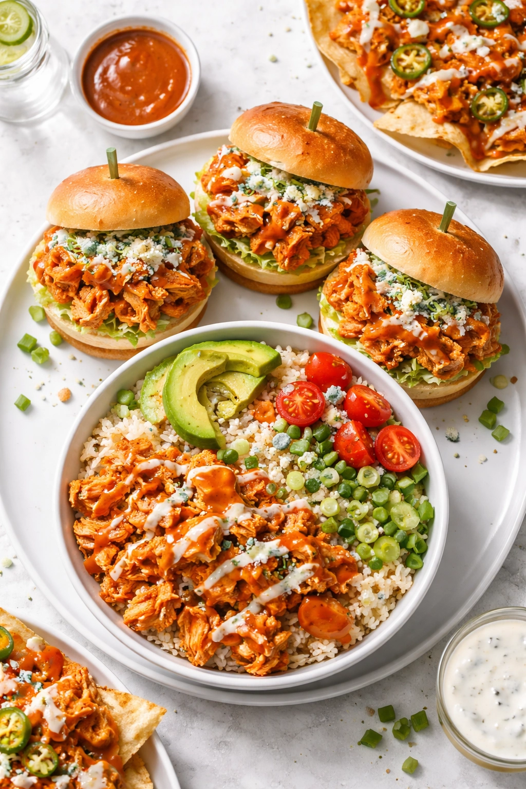 Buffalo chicken on plate with two portions showing serving versatility