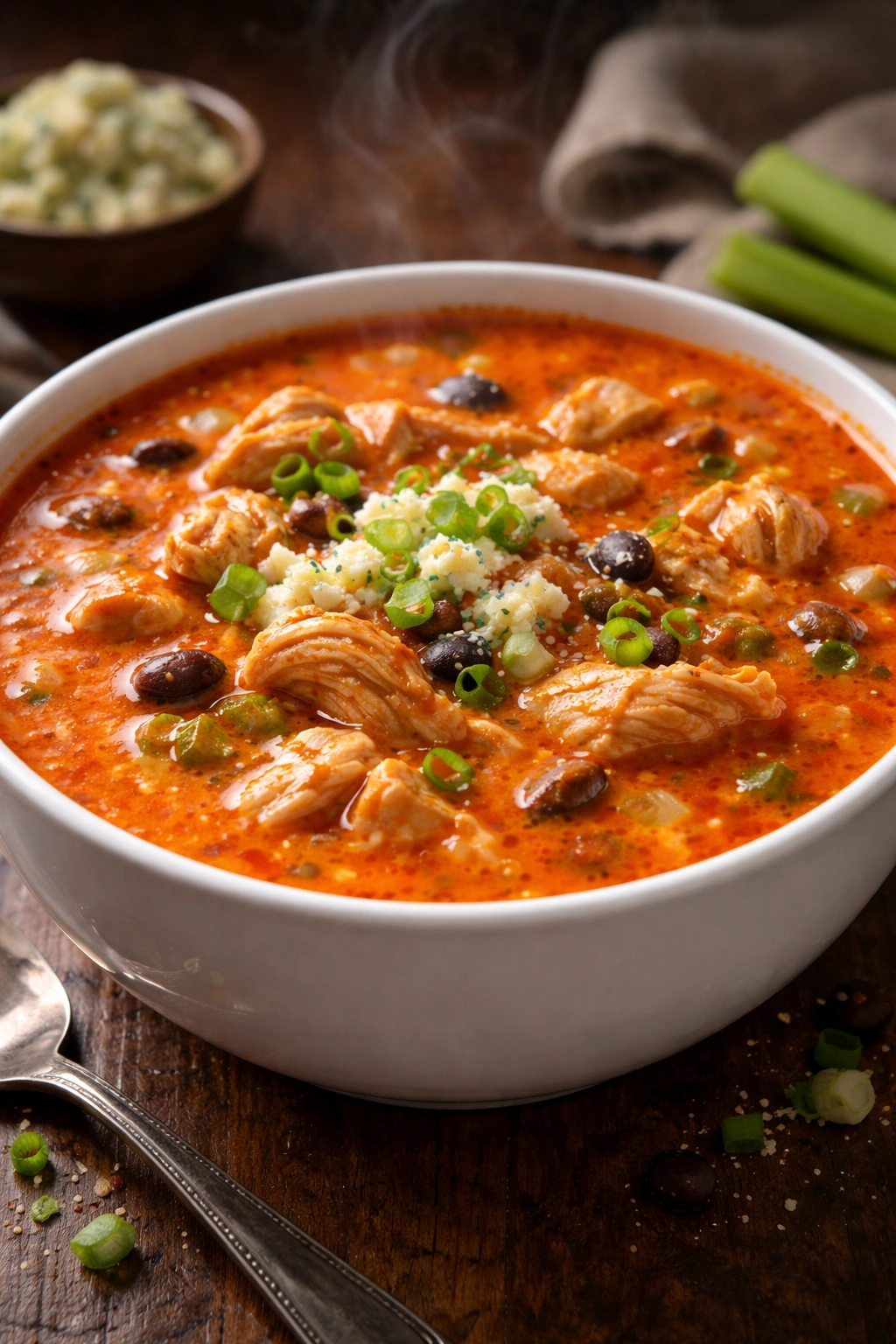 Close-up of spicy buffalo chicken chili soup in a bowl with cream cheese swirl