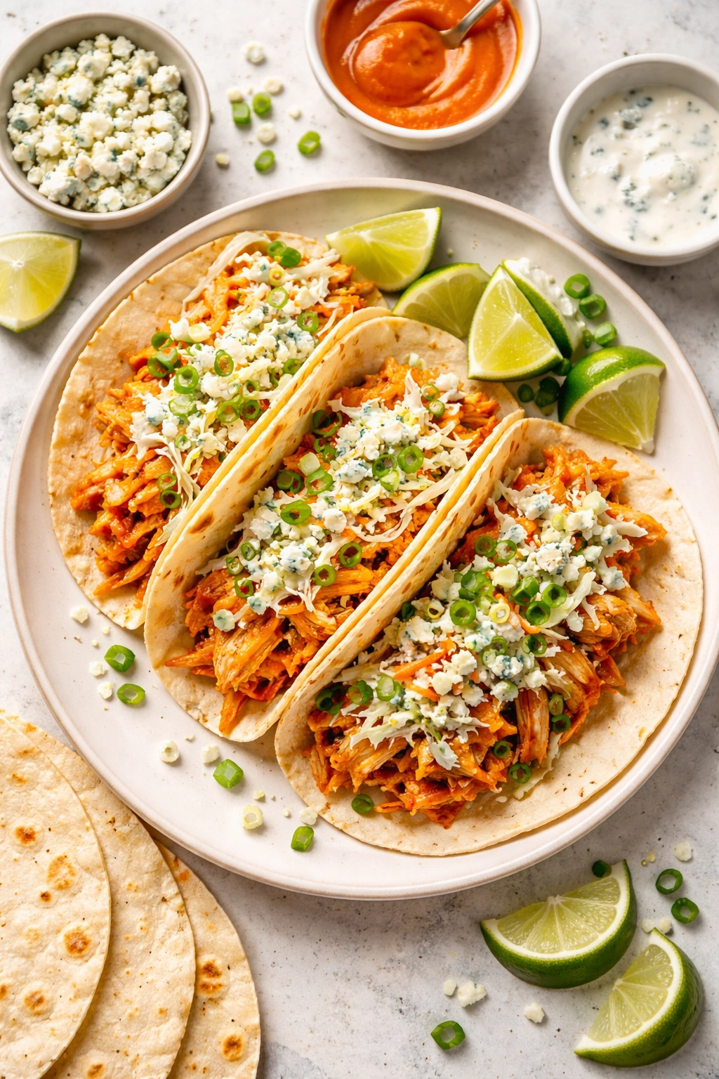 Plate of buffalo chicken tacos with blue cheese slaw on a plain plate