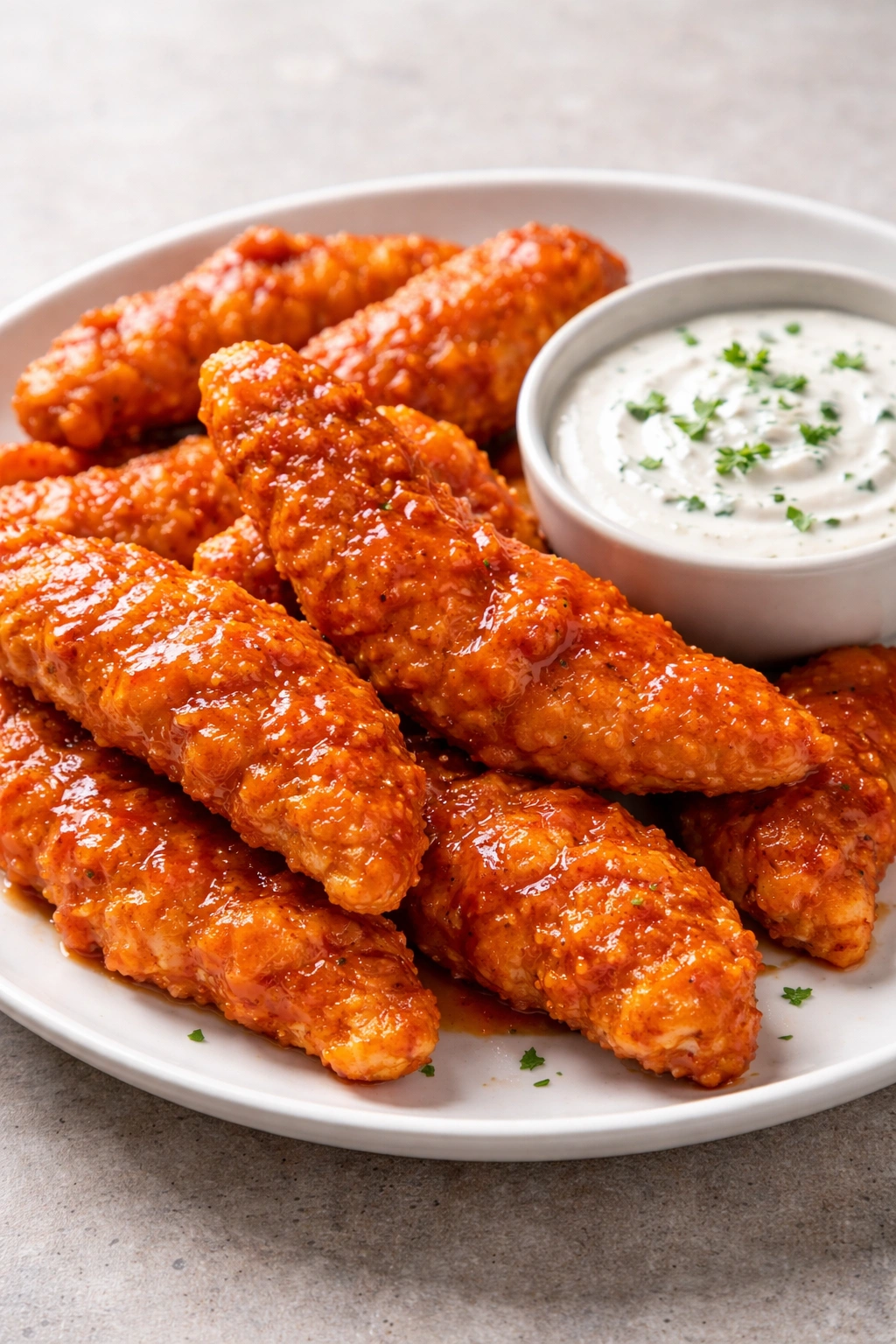 Buffalo chicken tenders with a dab of ranch dip on neutral surface