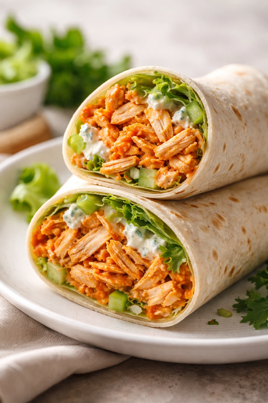 Cross-section of buffalo chicken wrap with orange filling and blue cheese dressing visible