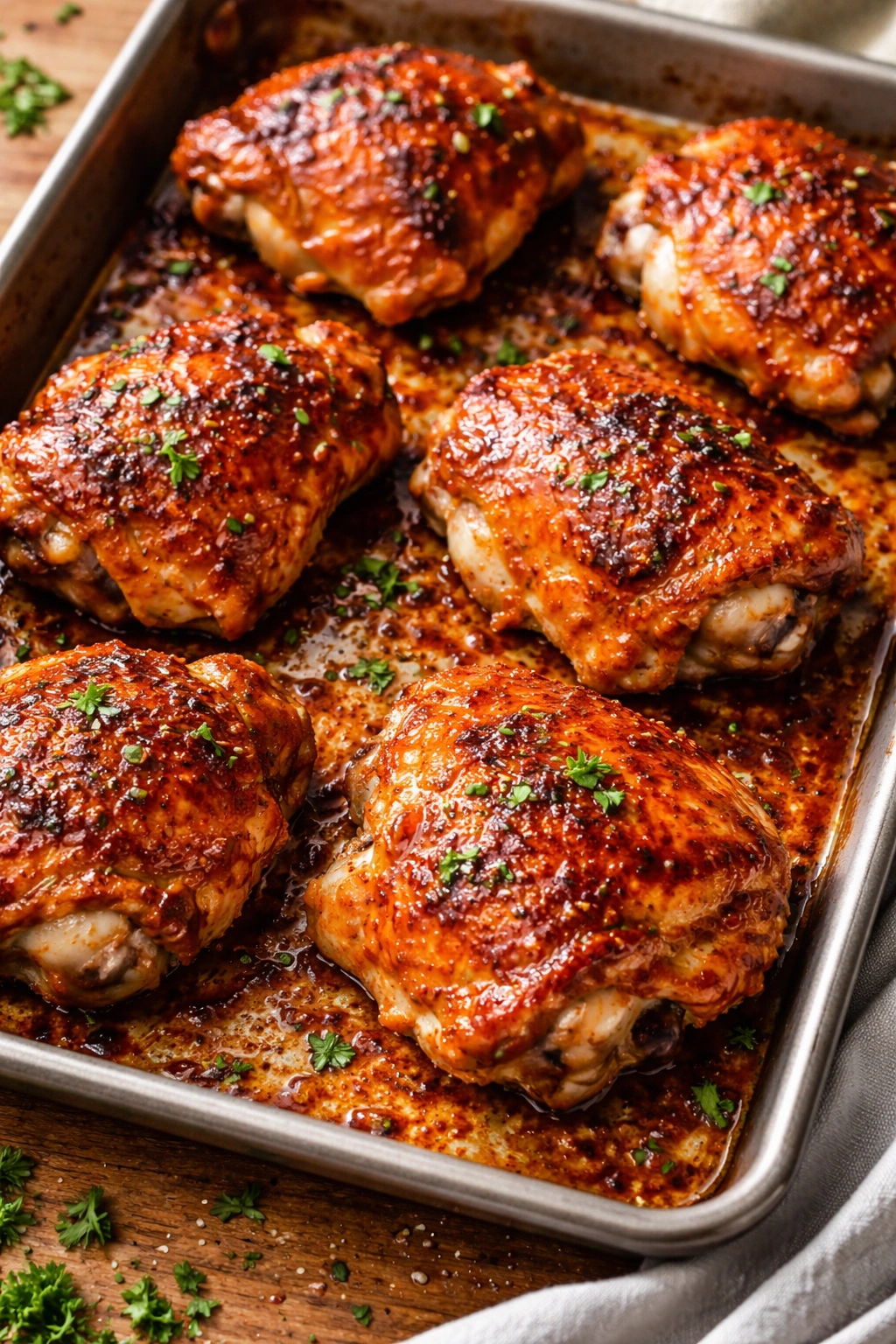 Buffalo ranch glazed chicken thighs on a baking sheet