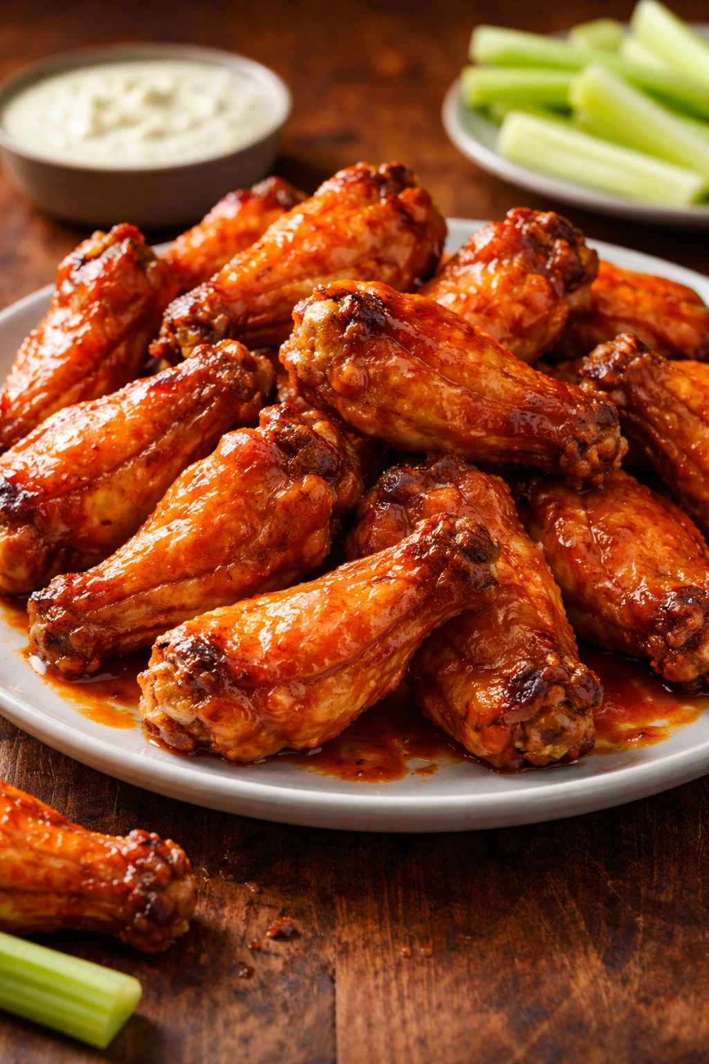 Close-up of crispy buffalo wings in glossy red sauce on a wooden surface