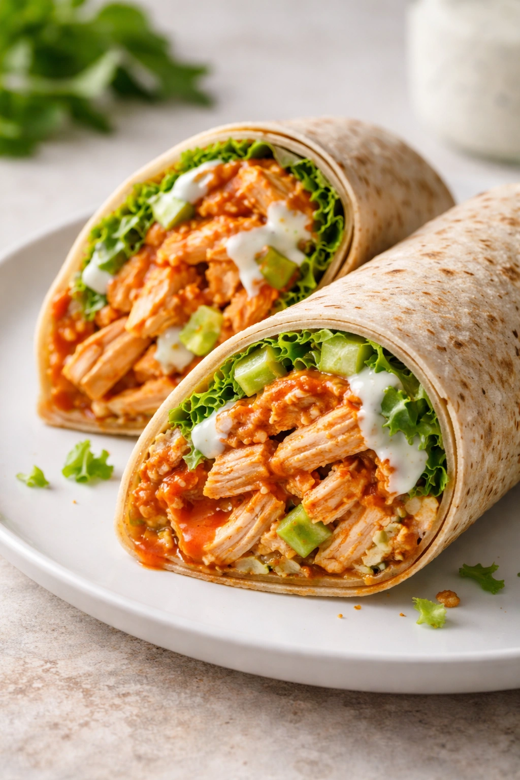 Cross-section of buffalo chicken wrap showing saucy chicken and ranch filling