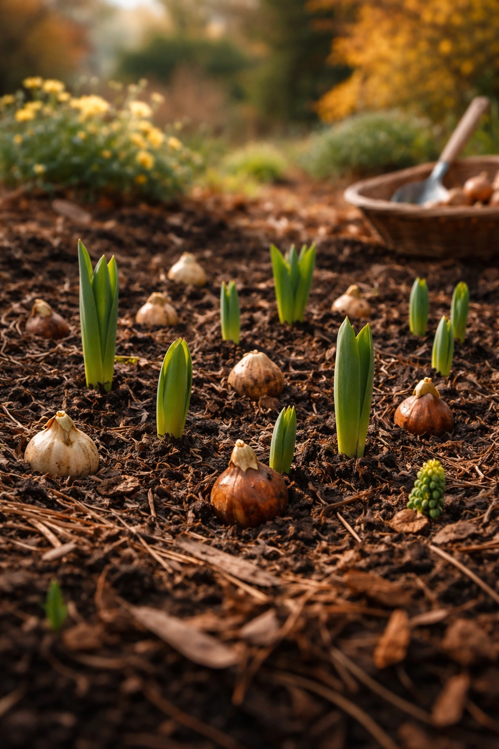 Emerging shoots and newly planted bulbs in a garden bed