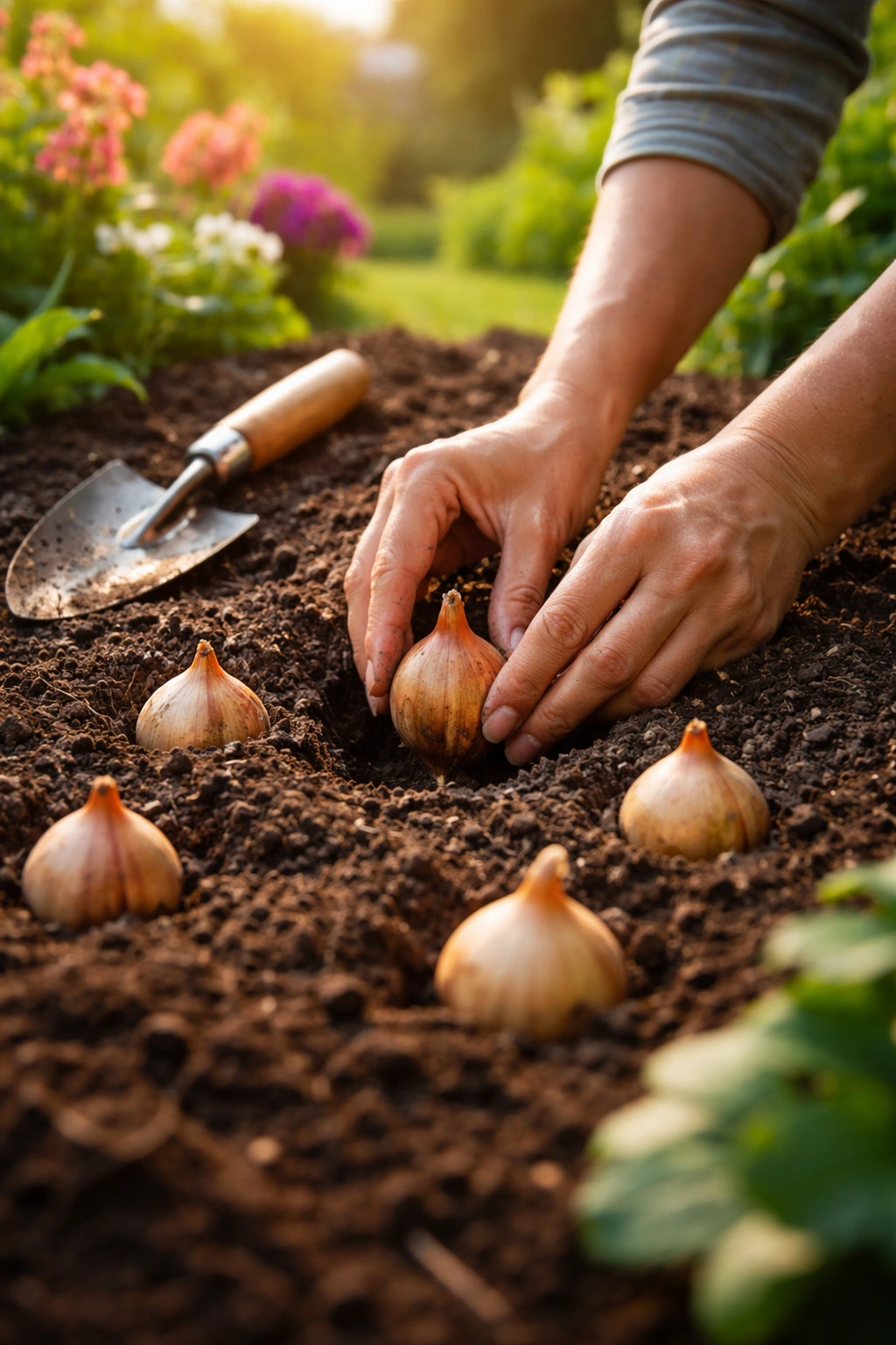 Hands planting spring bulbs into prepared soil