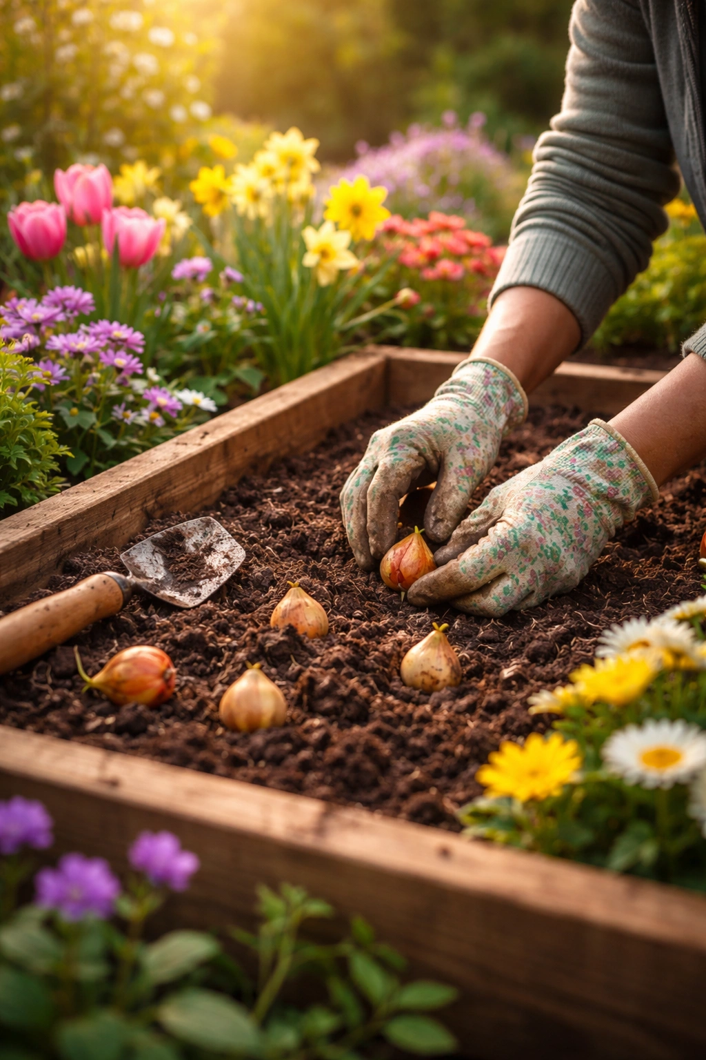Hands planting bulbs in a prepared garden bed during spring