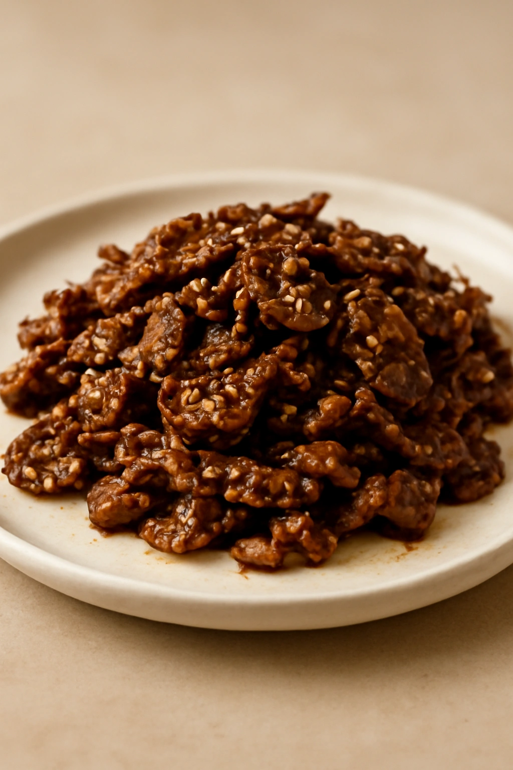Glazed Korean beef bulgogi slices on a plate with sesame seeds