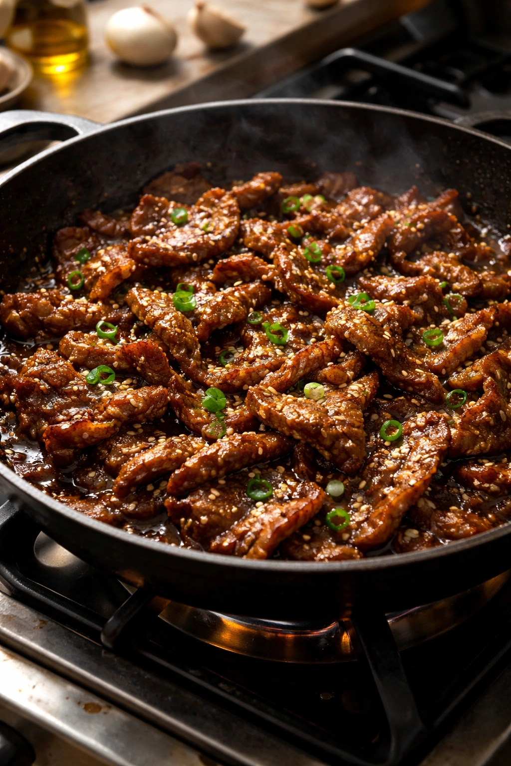 Thinly sliced bulgogi beef browning in a skillet with caramelized edges.