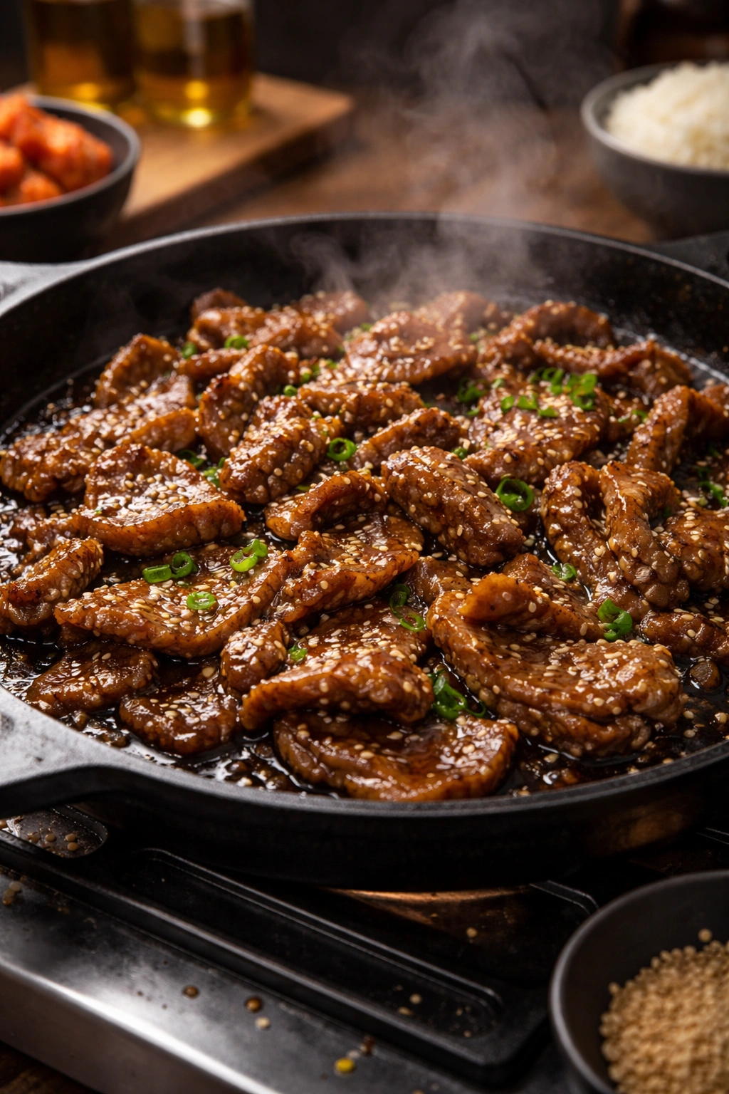 Close-up of glossy bulgogi slices sizzling on a cast-iron skillet with caramelized glaze