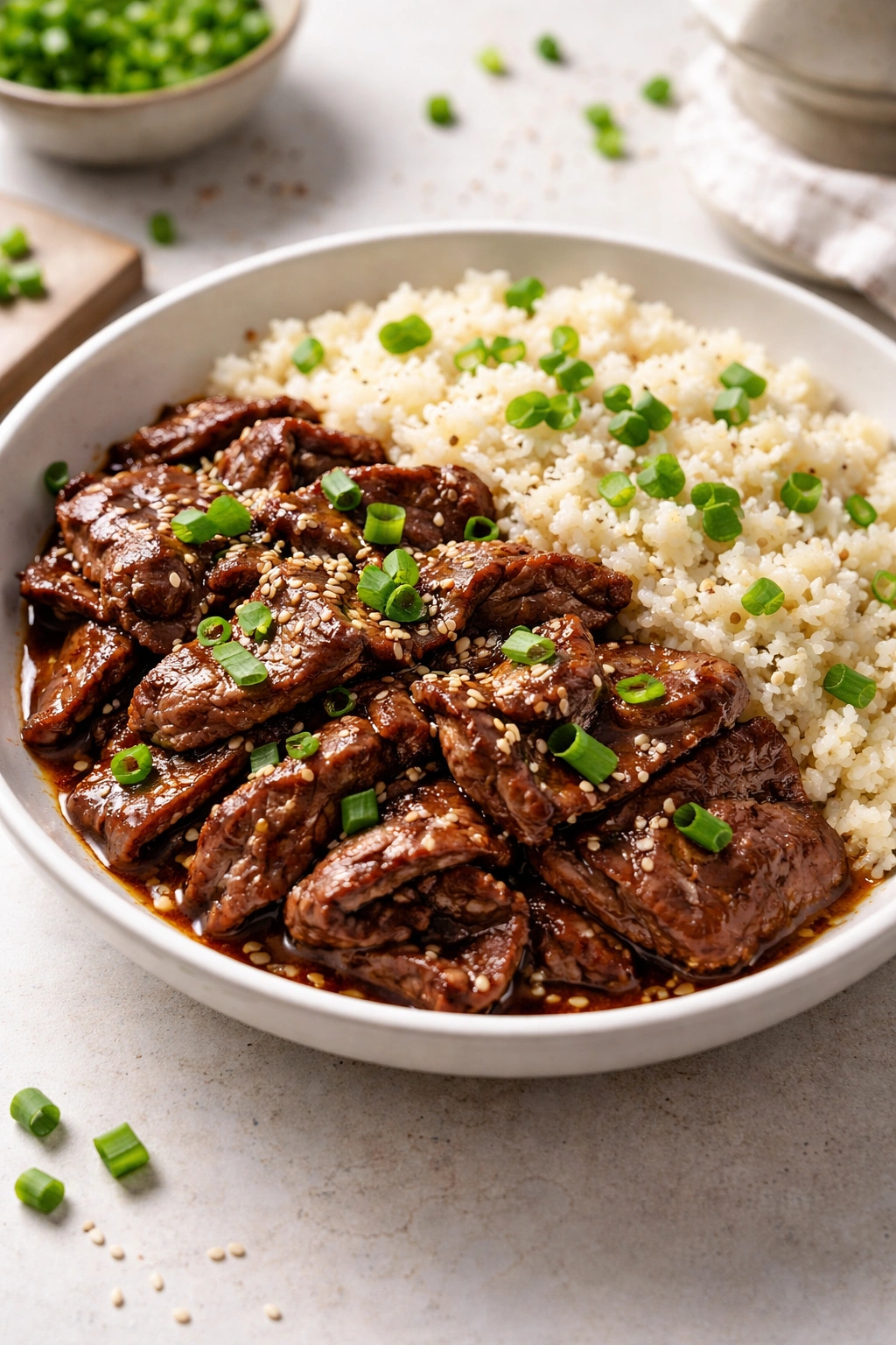 Beef bulgogi with cauliflower rice, glazed and seared