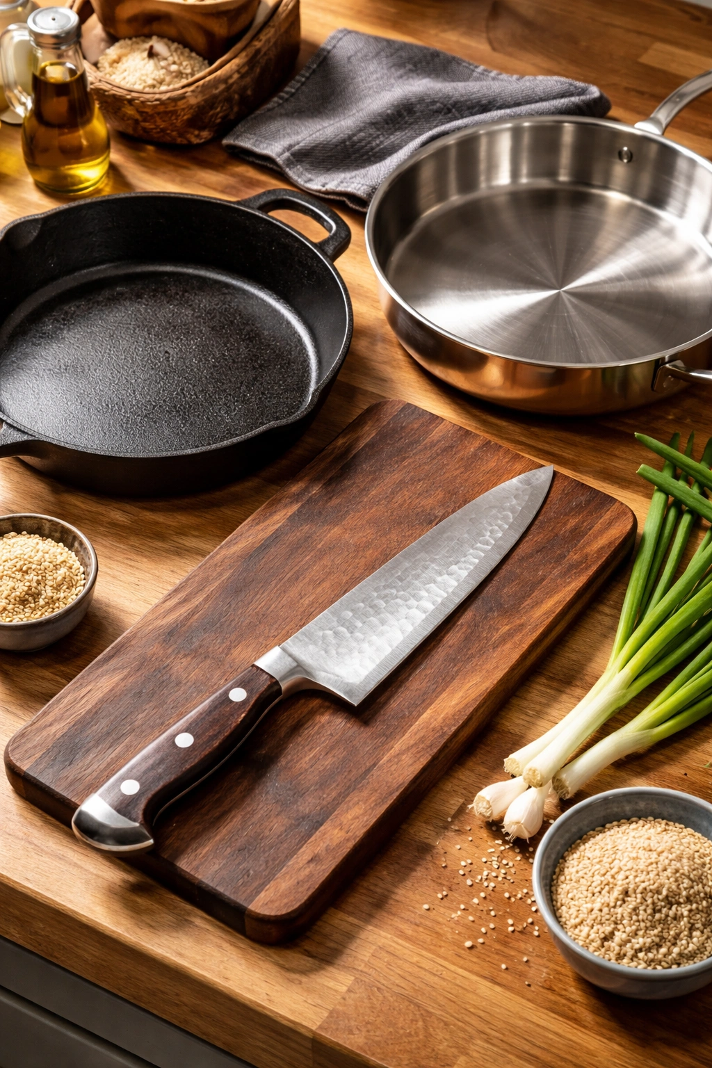 Core bulgogi tools arranged on a wooden counter: cast iron skillet, heavy-bottom skillet, and a sharp knife.