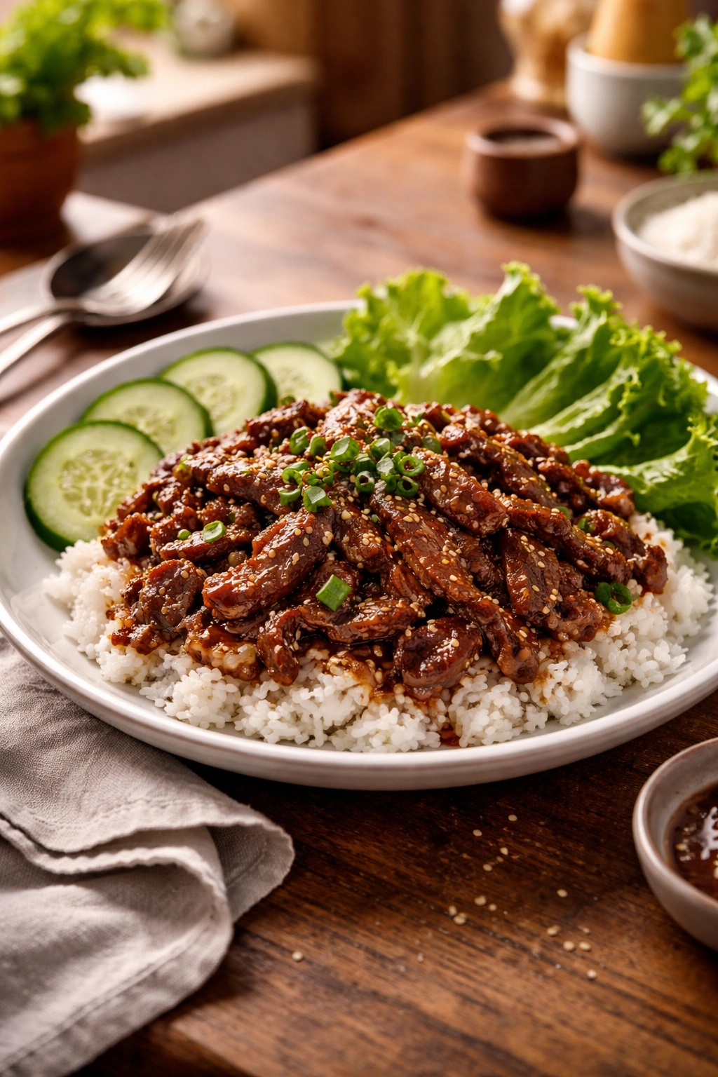 Finished bulgogi over rice with greens in a cozy home kitchen