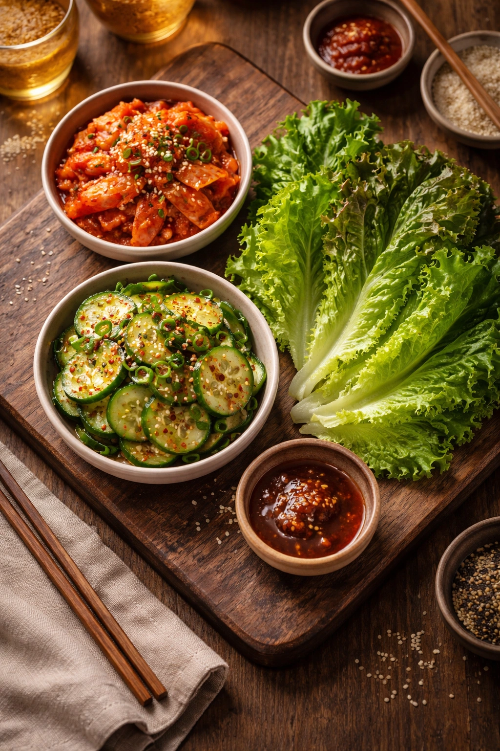 Kimchi, cucumber, and lettuce arranged on a wooden board as bulgogi accompaniments
