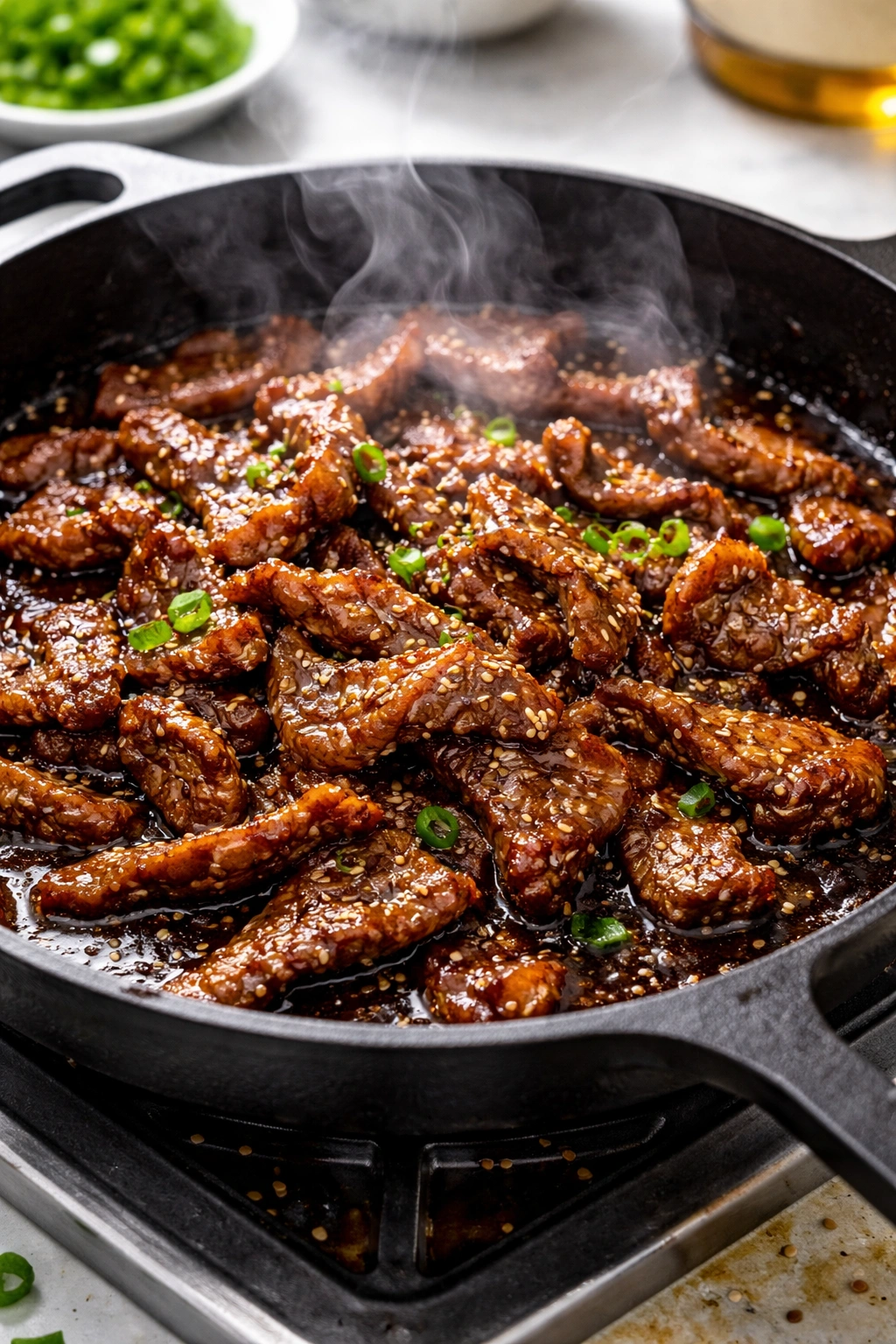 Sizzling bulgogi in a hot skillet showing proper sear and glaze