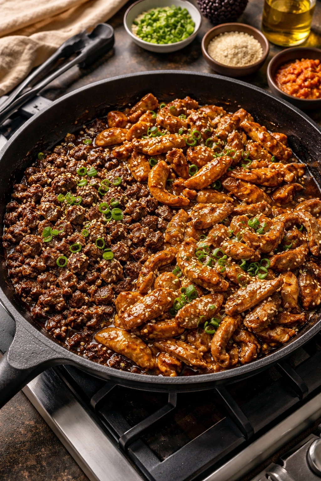 Beef, chicken, and pork bulgogi slices caramelizing in one pan.
