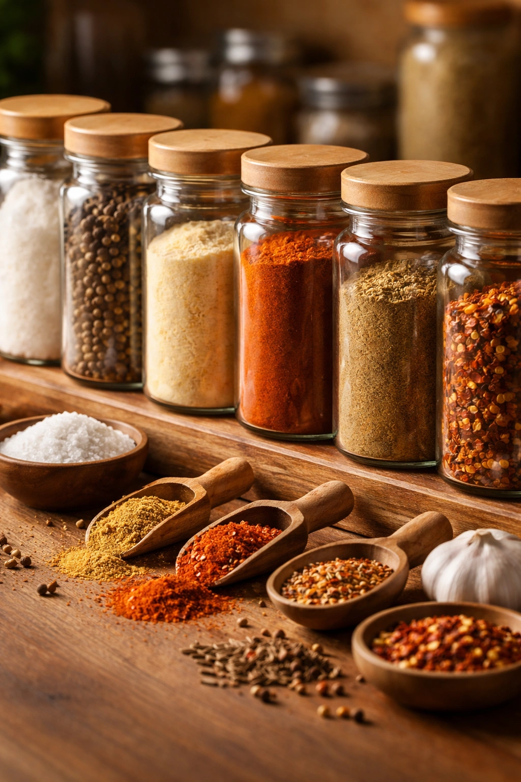 Unlabelled spice jars with spices on a rack