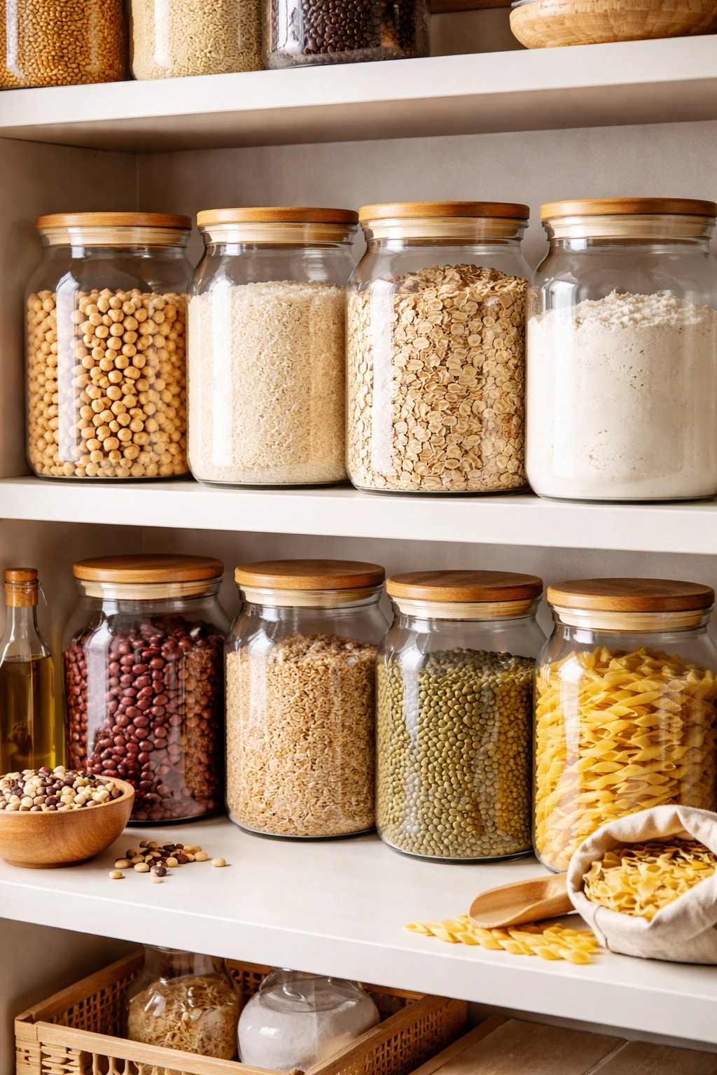 Bulk storage jars on a pantry shelf
