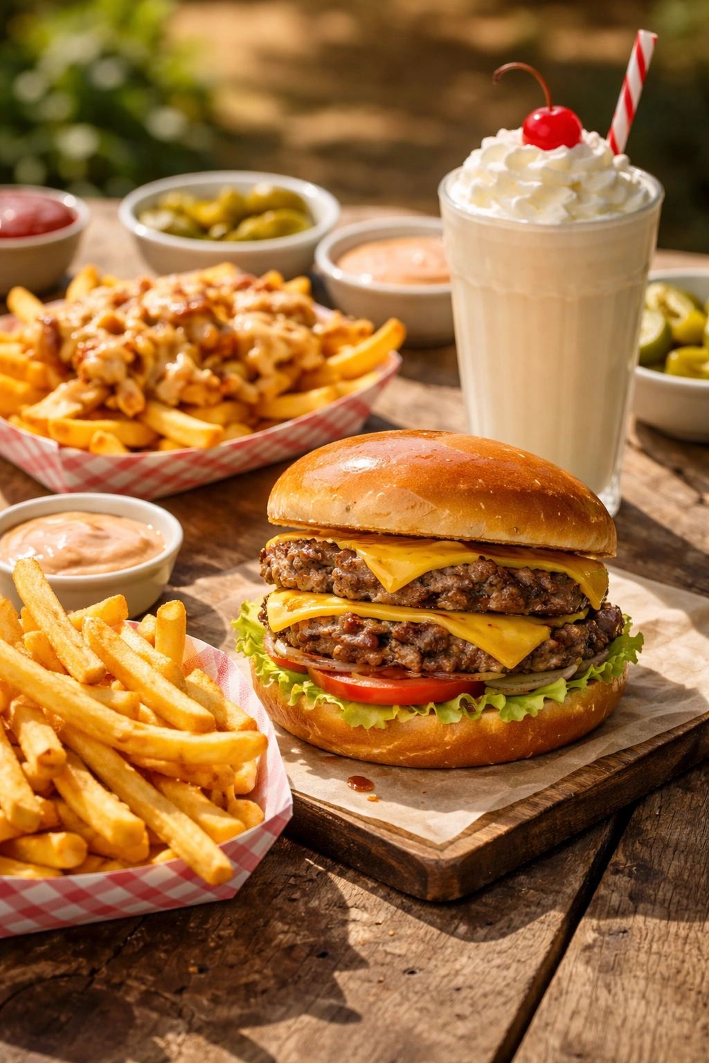 Close-up of a burger with fries and a milkshake on a wooden table