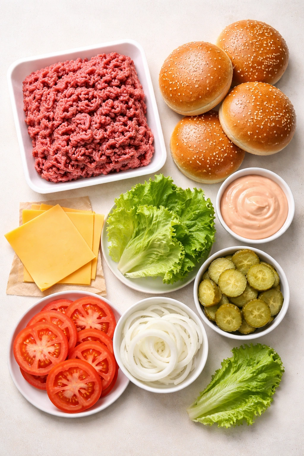 Overhead arrangement of burger ingredients on a clean surface.