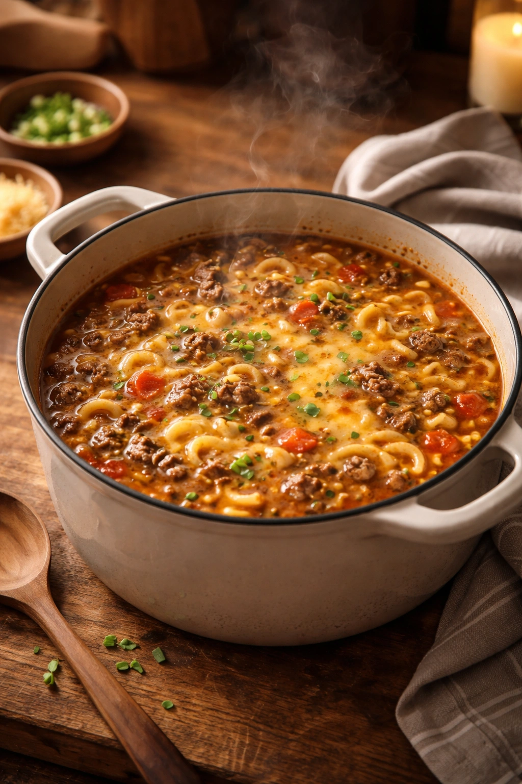 Steaming pot of One-Pot Burger Noodle Soup in a cozy kitchen