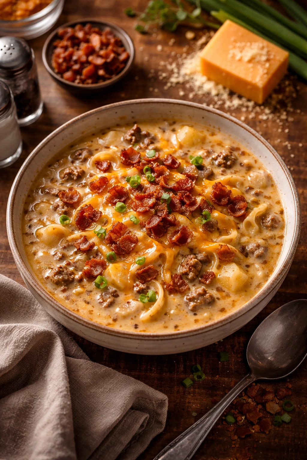 Creamy burger soup with melted cheese and bacon bits on top