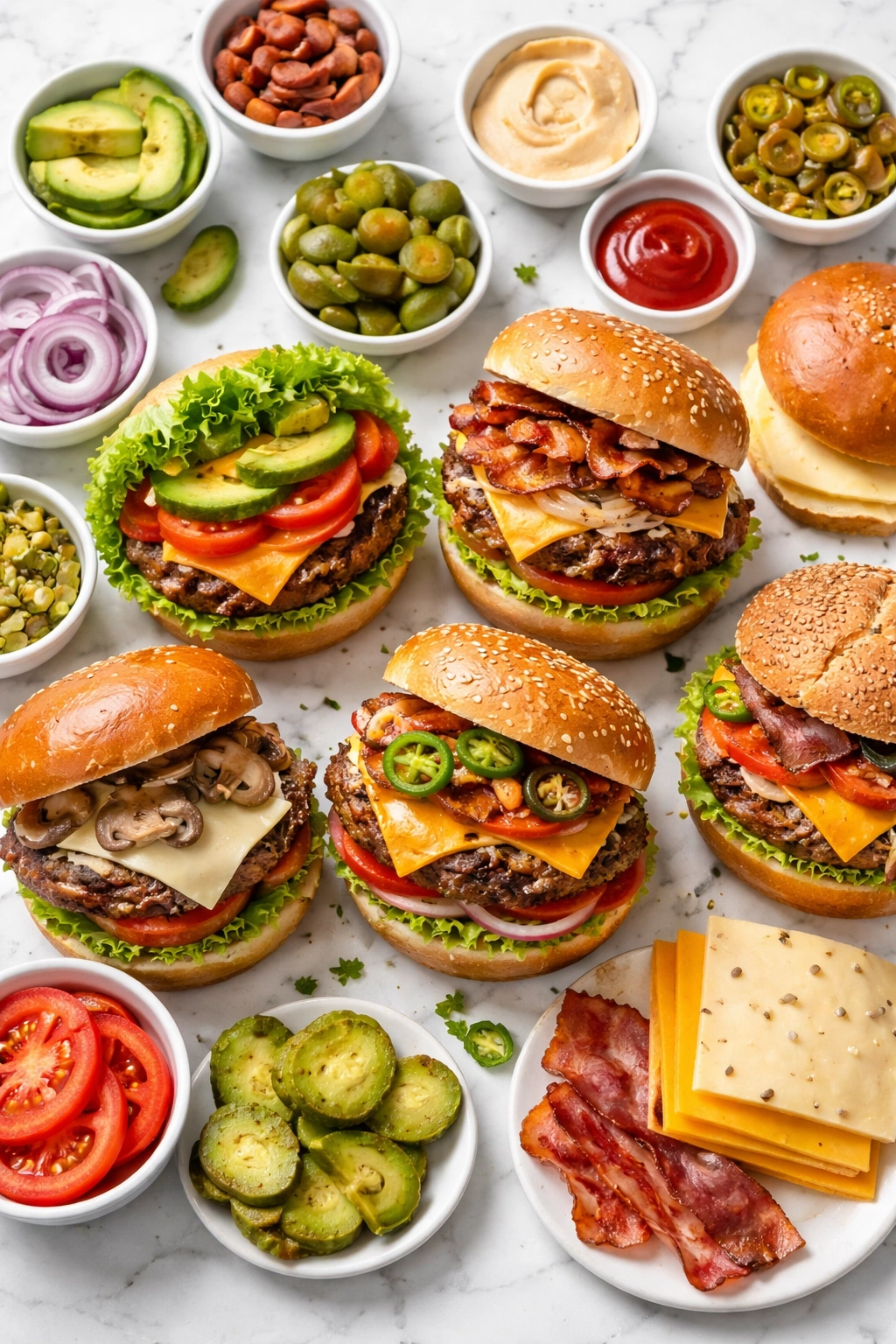 Burger with multiple toppings arranged to illustrate recipe variations