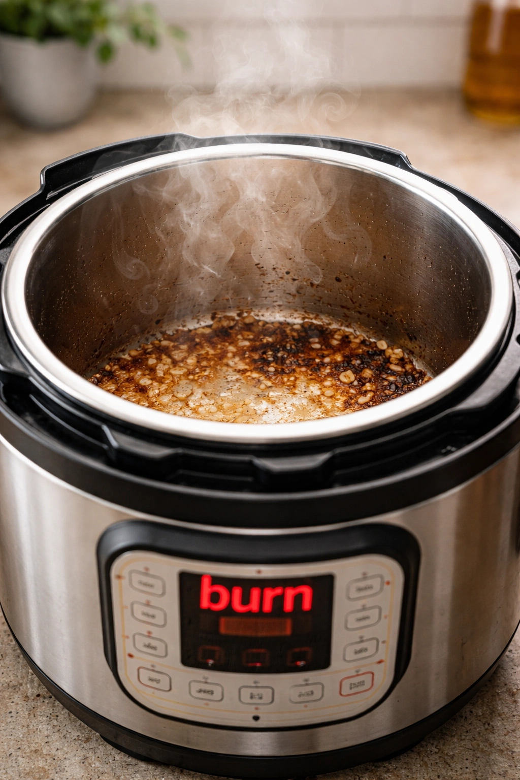Inner pot bottom with browned bits and steam indicating burn warning