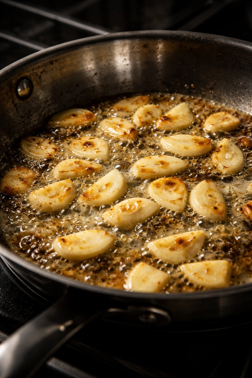 Garlic slices browning in butter in a pan, illustrating potential scorch