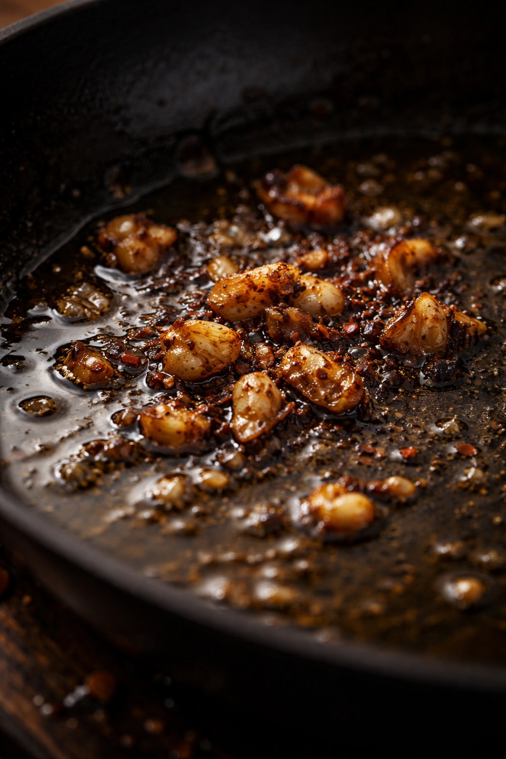Macro image of burnt garlic in oil highlighting a common mistake