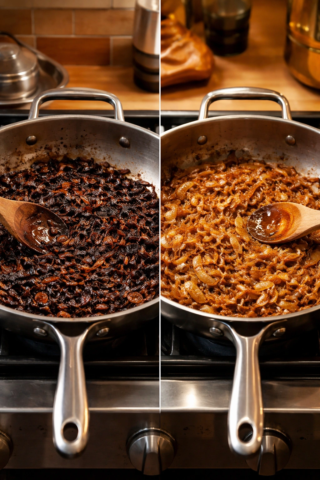 Burnt onions vs caramelized onions in two pans demonstrating common mistakes and fixes