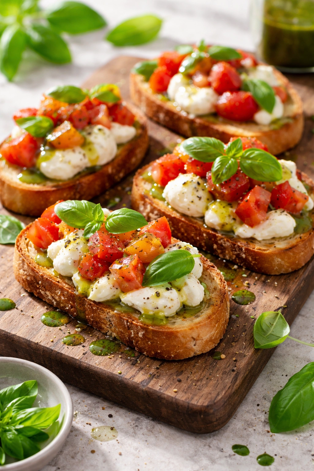 Crostini with burrata tomato and basil on a rustic board