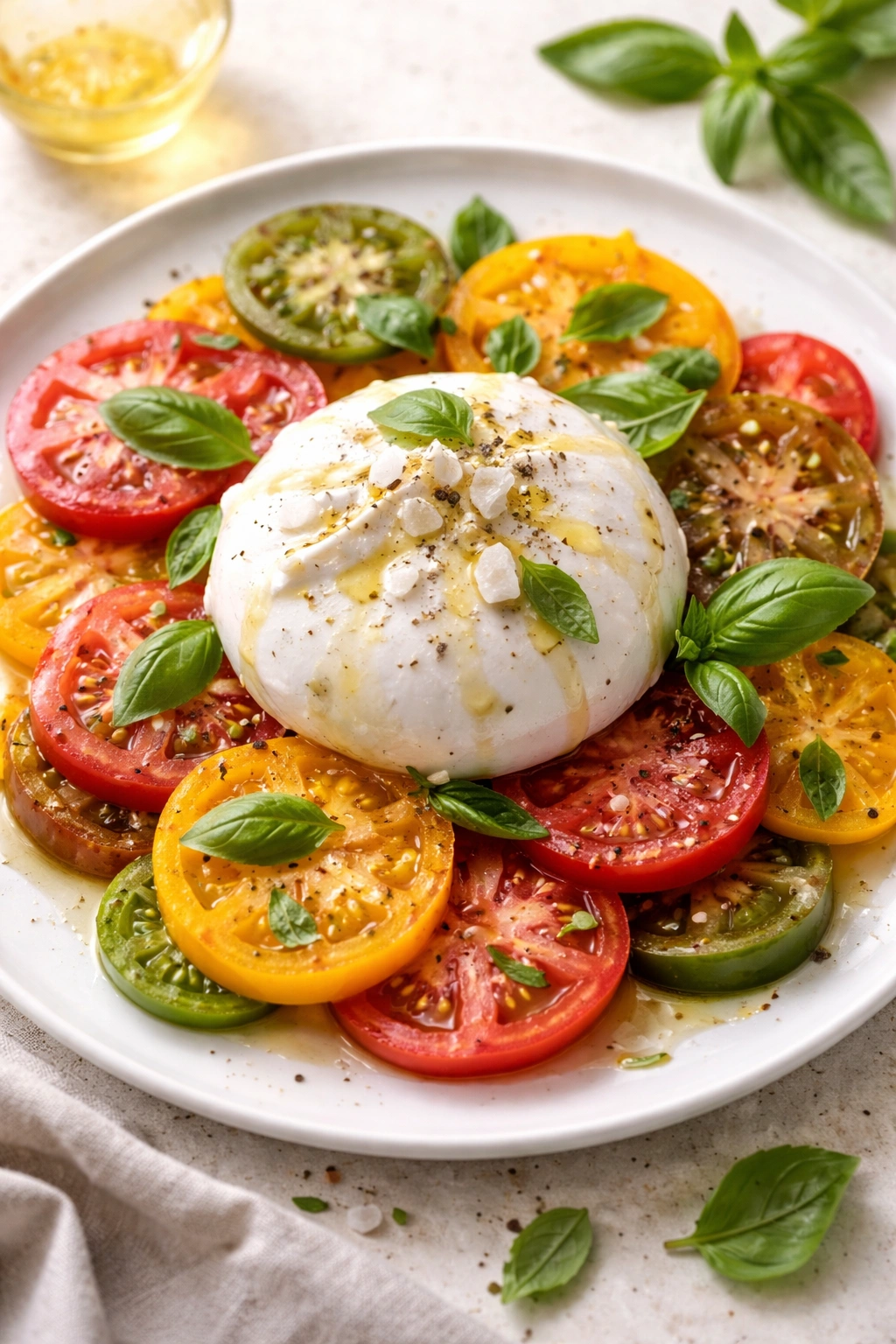 Burrata with heirloom tomatoes, basil, olive oil on a white plate