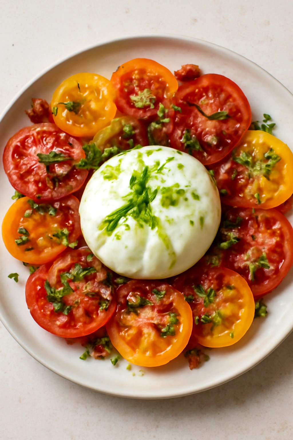 Burrata on plate with heirloom tomatoes and pancetta