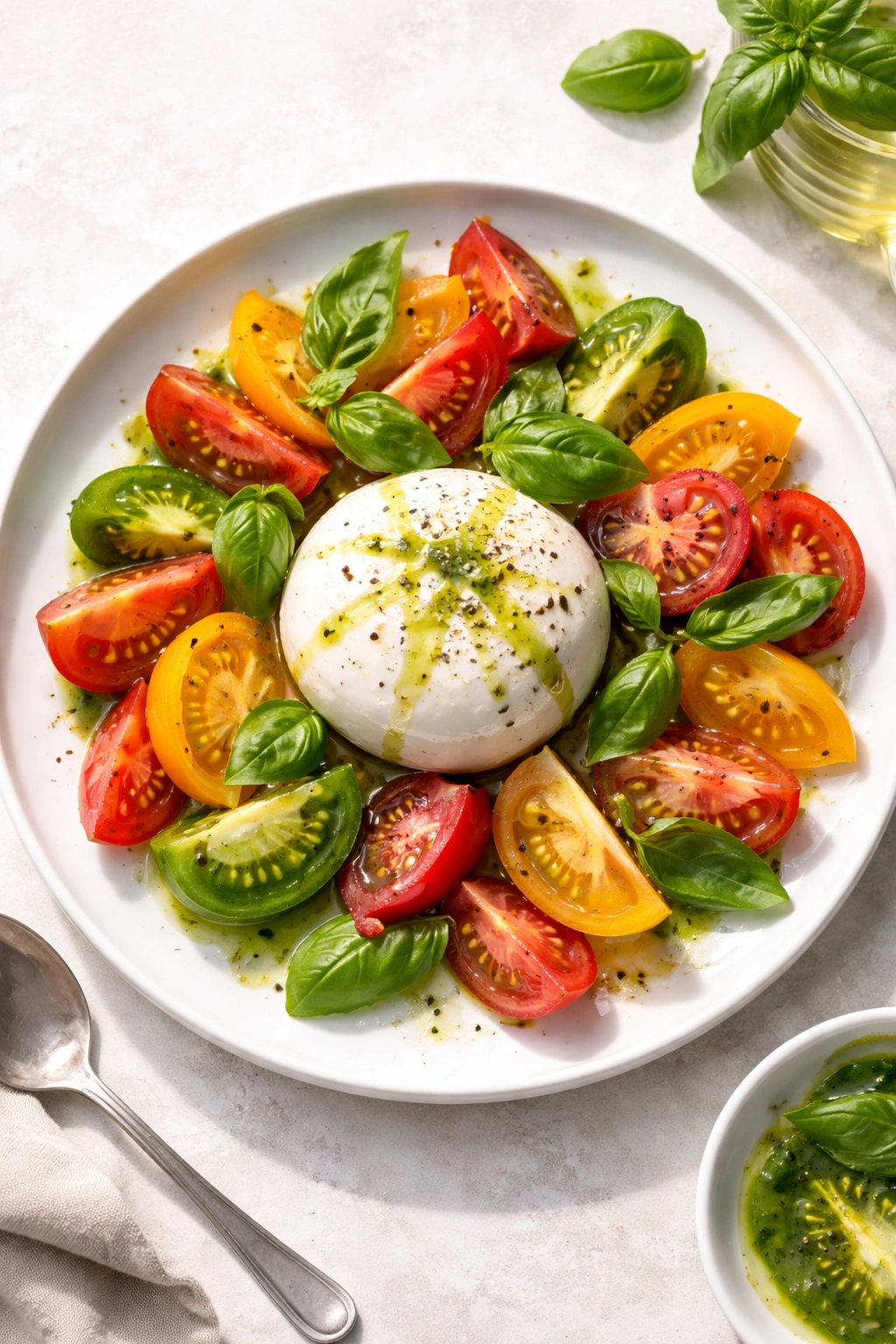 Burrata with heirloom tomatoes and basil oil on a white plate