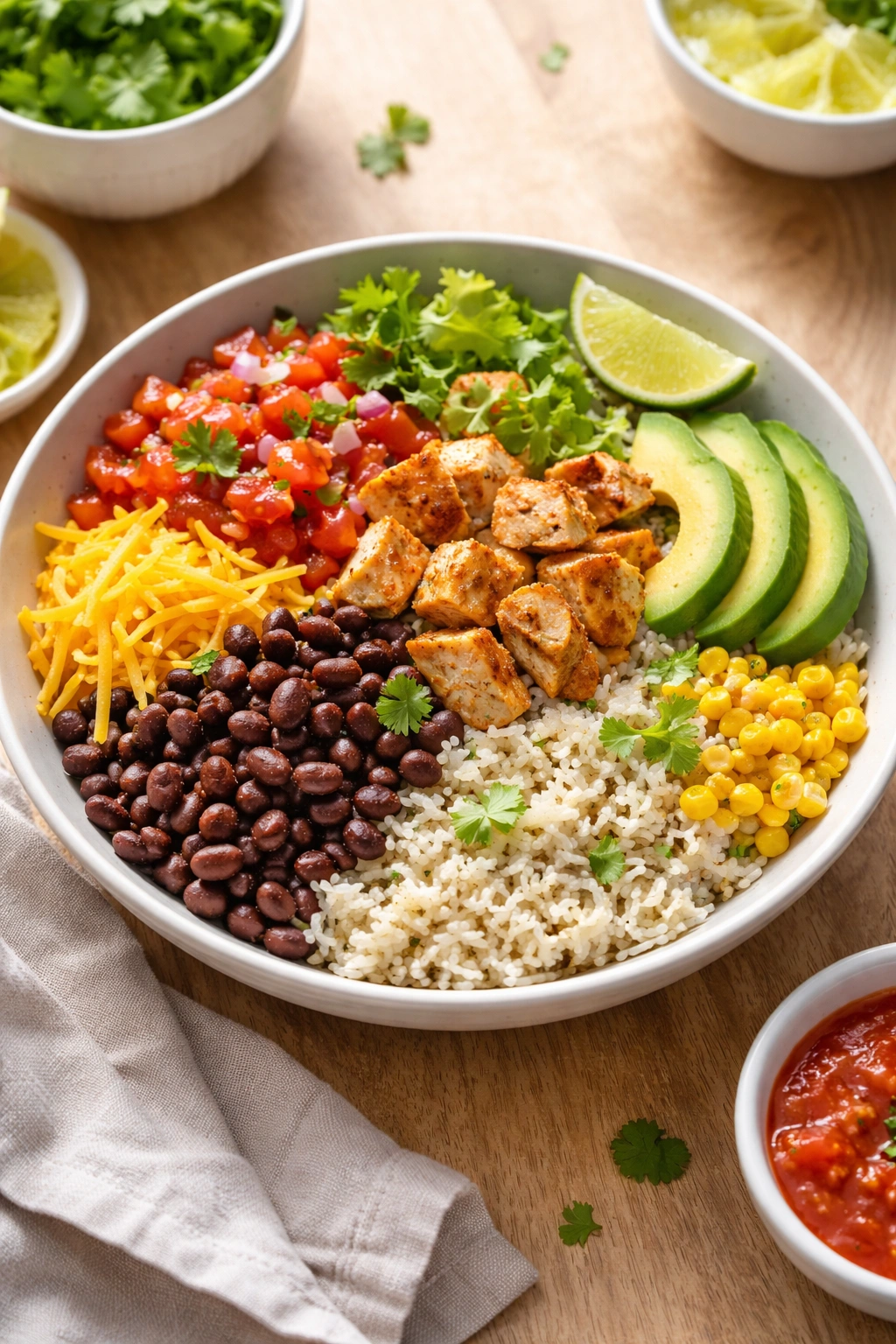 Burrito bowl with beans, rice, cheese, avocado and salsa in a single bowl